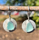 Shimmering Round, Aqua Sea Glass Earrings