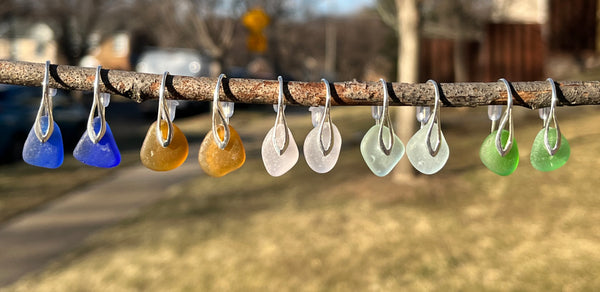 Blue Open Leaf Sea Glass Earrings